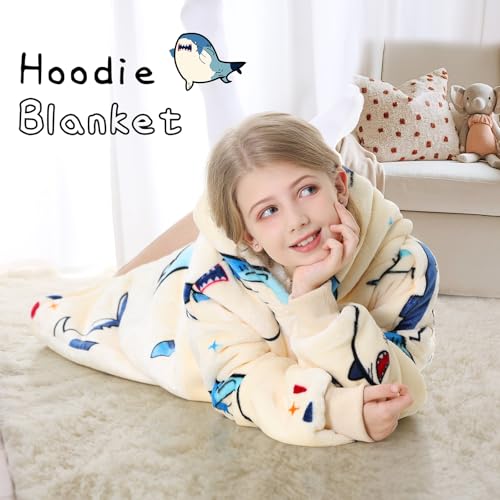 Aemicion Kids Wearable Blanket Hoodie-Shark Plush Hooded Blanket with Pockets, Cozy Fleece Sherpa Blanket as Gift for Boys Girls - color: Big Shark/Kids, size: Kids