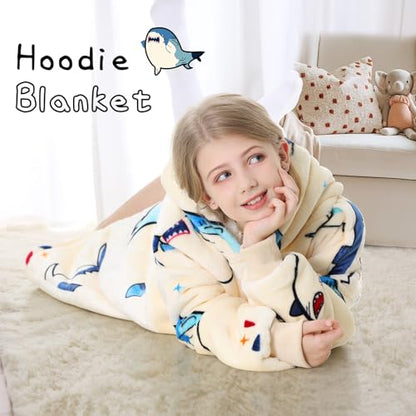 Aemicion Kids Wearable Blanket Hoodie-Shark Plush Hooded Blanket with Pockets, Cozy Fleece Sherpa Blanket as Gift for Boys Girls - color: Big Shark/Kids, size: Kids