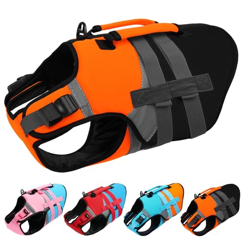Kuoser Dog Life Jacket with Rescue Handle, High Flotation Dogs Swim Vest with Reflective Strips,Adjustable Dog Life Vest for Swimming, Boating, Pool&Beach, Doggy Lifejacket for Small Medium Large Dogs - color: Orange, size: Medium (Chest Girth:20.5-25.2''