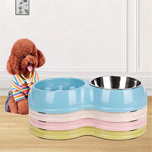 Tineer Double Pet Dog Slow Feeder Bowl,Stainless Steel Anti-Choke Puppy Food and Water Feeder for Dog Cats (Green) - color: Green