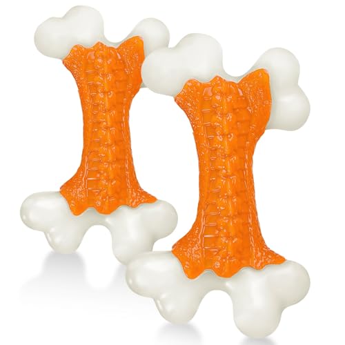 Kseroo 2-Pack Indestructible Dog Toys for Aggressive Chewers: Peanut Butter Flavored Hard Nylon Bone Chew Toys, Tough Dog Chew Toys, Dog Toys to Keep Them Busy for Medium Large Dogs, Orange - color: 2PC-Peanut Butter-Orange