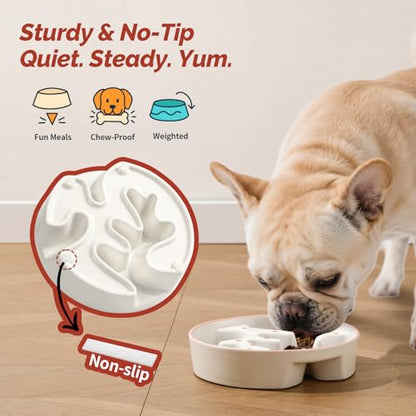 Ceramic Slow Feeder Dog Bowl - Portion Control Feeding Bowl for Medium Dogs – Cute Maze Food Dish for Fast Eaters - 3.1 Cups (310 g) - Doodle Series (Petal)