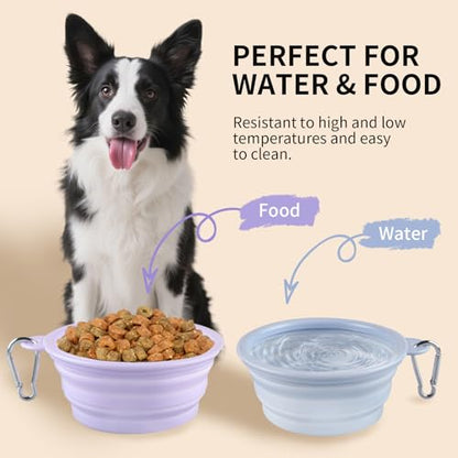 Collapsible Dog Bowls 2-Pack, Portable Travel Dog Bowl with Carabiner, Food-Grade Silicone Pet Bowl for Hiking, Walking (22 OZ Macaron Blue and Violet) - color: 22 OZ Macaron Blue and Violet