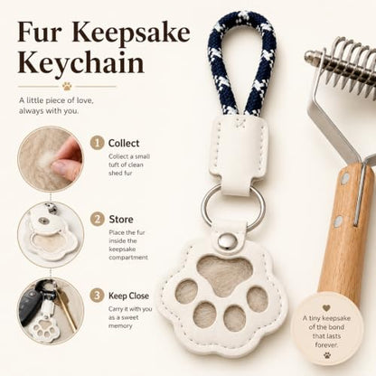 2-in-1 Dog Undercoat Rake and Dematting Tool - Durable Stainless Steel Deshedding Brush with Ergonomic Wooden Handle - Grooming Rake for Long Haired Cats & Dogs with Hair Keepsake Keychain(L)