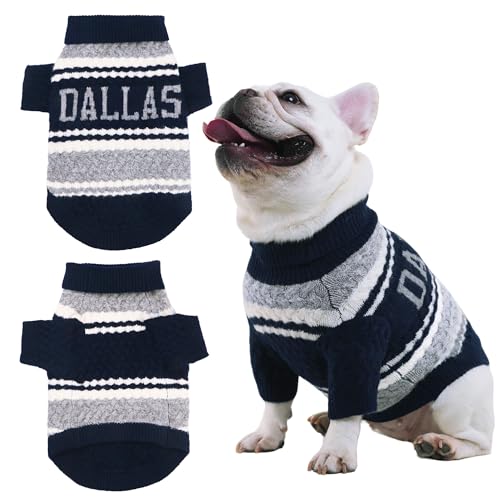 Dallas Small Dog Sweater Football Theme Turtleneck Knit Dog Sweaters for Small Pets Warm Winter Cat Dog Clothes - color: blue&grey, size: Small