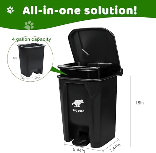 Dog Poop Trash Can Outside, Fully Assembled Dog Waste Trash Can with Lid, Pedal and Removable Inner Waste Bin,Pet Poop Bin with 200 Free Bags, for Garden, Black