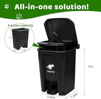 Dog Poop Trash Can Outside, Fully Assembled Dog Waste Trash Can with Lid, Pedal and Removable Inner Waste Bin,Pet Poop Bin with 200 Free Bags, for Garden, Black