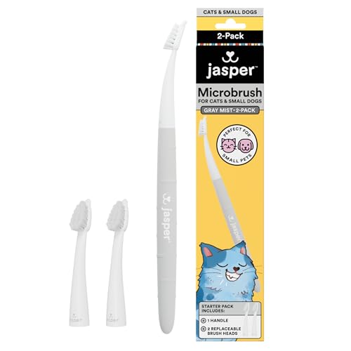 Jasper Microbrush Vet Approved Cat Toothbrush, Soft-Bristled Toothbrush Kit for Felines & Small Dogs, Non-Slip Handle with 2 Replaceable Tooth Brush Heads, Use with Cat Toothpaste, 2-Pack, Gray Mist - color: Gray 2 Pack