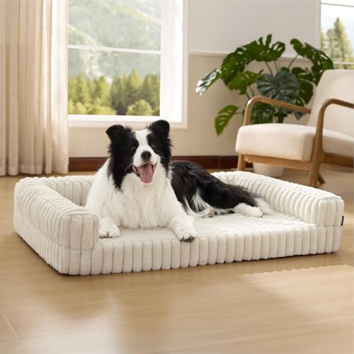 Bedsure ComfyFleece™ Orthopedic Dog Beds Large Sized Dog, Waterproof Memory Foam Pet Bed with Sides, Non-Slip Bottom and Egg-Crate Foam Large Pet Couch Sofa with Washable Corduroy Cover, Cream - color: Cream, size: 35.0"l X 25.0"w X 7"th
