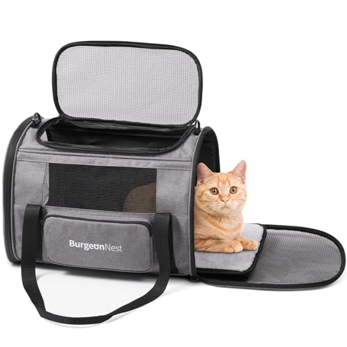 BurgeonNest Pet Carrier for Large Cats, Soft-Sided Cat Carrier for Big Cats and Small Dogs Up to 20 lbs, Top Loading Collapsible Escape-Proof Travel Cat Bag with 4 Mesh Windows & Side Storage, Grey - color: Grey, size: 17.7"L x 12.0"W x 12.5"H