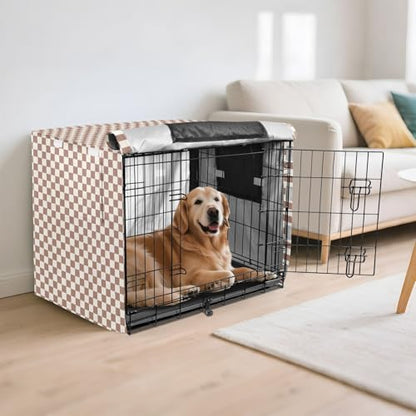 Dog Crates Covers Taupe Plaid Checkered Pet Kennel Cover Rollers Shades - size: S--30 x 19 x 21 inches