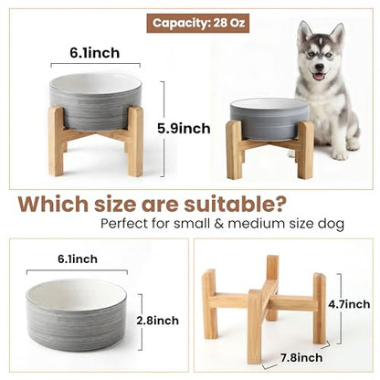 hjn Elevated Ceramic Dog Bowl with Bamboo Stand, Raised Pet Feeding Station for Small Medium Dogs Cats, Modern Design with Anti-Slip Base (White Gray, 3.6Cup) - color: White Gray, size: 3.6Cup