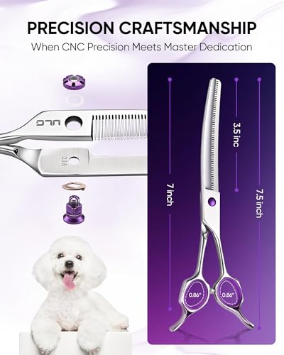 ULG 7.5” Dog Grooming Thinning Shears – 30° Curved Pet Thinning Scissors, Japanese 440C Stainless Steel, 60 V-Shaped Teeth, 25% Thinning Rate, Reversible Butterfly Handles, for Face, Nose, Eyes & Coat - size: Blender (25%)