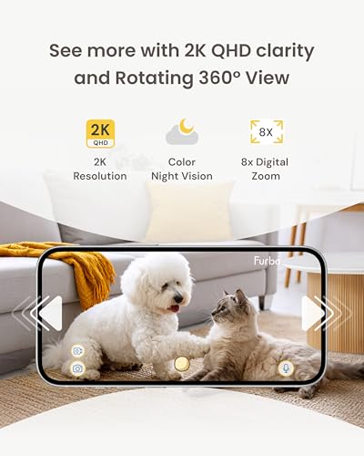 Furbo Mini 360° 2K QHD Pet Camera: Basic See, Talk & Toss Features, No AI Alerts, No Subscription Required, Dog & Cat Rotating Treat Dispenser w/Phone App, Smart Indoor Cam, 2-Way Audio & Night Vision - style: Mini 360° Camera