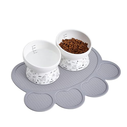 Ceramic Raised Cat Bowl Set | Elevated Food and Water Bowls for Cats and Small Dogs | 2 Pack Tilted With Anti-Slip Silicone Mat (Gray) - color: gray