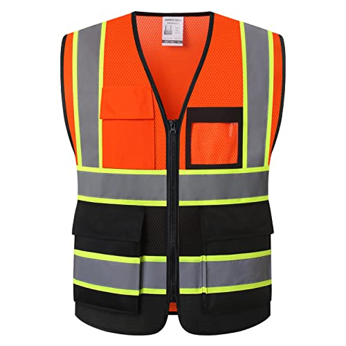 Reflective Safety Vest for Men Women Hi Vis Vest with 8 Pockets High Visibility Mesh Reflective Vest Meets ANSI/ISEA Standards (Orange-Black-07, M) - color: Orange-black-07, size: Medium
