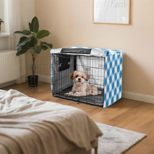 Bohemia Europe Gingham Pattern Blue Metal Dog Crate Cover Pets Kennel Covers Roller Shades - size: Medium