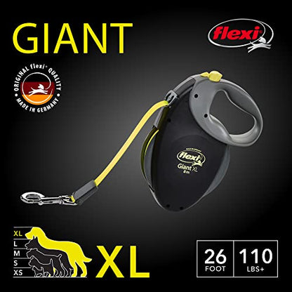 FLEXI Giant Tape Retractable Dog Leash for Extra Large Dogs 110 lbs.+ – 26 ft., Black Neon | Tangle Free Pet Walking Leash with One-Handed Brake, Pause, Lock | German Quality Product - size: Extra Large - 26 ft