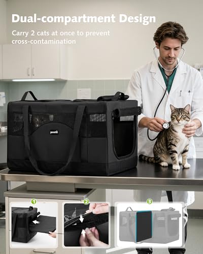 Pecute Dual Compartment Pet Carrier for Multi-Cat Families & Small Dog Owners, Collapsible Dog Crate with Reinforced Steel Frame, Car Safety Design for Travel, Vet Visits & Home Use, Dark Gray - color: Dark Gray