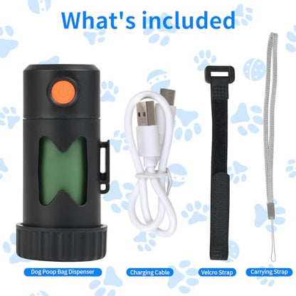 Pet Fit For Life Dog Poop Bag Dispenser with LED Light and USB Rechargeable Flashlight, Portable Puppy Waste Bag Holder with Leash Attachment & Velcro Wrist Strap, Perfect for Walks & Camping – Black