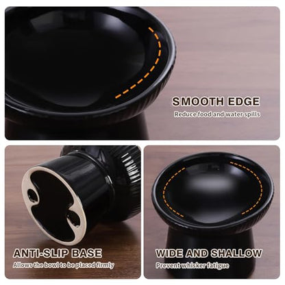 Elevated Cat Food Bowl, Ceramic Raised and Tilted Water Bowl, Whisker Fatigue Cat Bowls for Indoor Cats, Anti Vomiting and Protect Spines Pet Feeding Dishes for Kittens Small Dog, Heavy Non-Slip Base - color: Black
