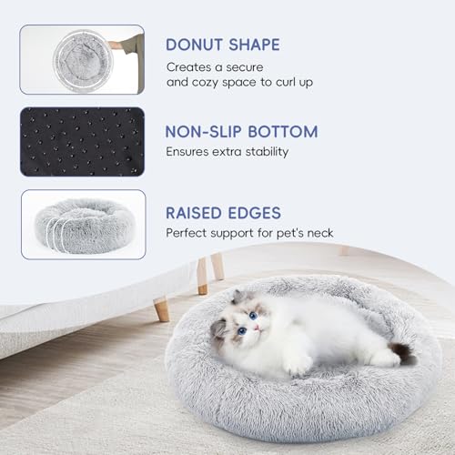 FluffyDream 20 inch Round Donut Bed, Plush Fur Cuddle Bed for Dogs and Cats, Grey, Washable - color: Grey, size: Donut - 20''L x 20''W x 8''H