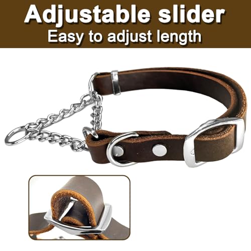 Leather Martingale Dog Collar, Soft Genuine Cowhide Handmade Assembled Stainless Steel Chain Martingale Collar Adjustable for Medium Large Dogs Pets. (M, Neck 19-24"(Martingale)) - size: M, Neck 19-24"(Martingale)