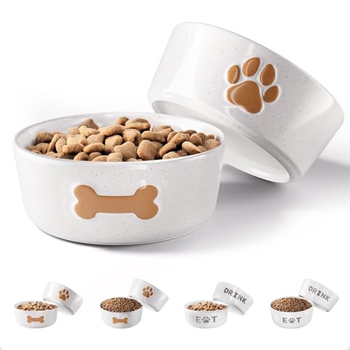 Ceramic Dog Bowl Set of 2 with Anti-Skid Base - 5.5" Wide x 2" Tall Ceramic Dog Bowls for Small Dogs - 2 Cup Capacity Food and Water Bowls for Dogs - Rubber Bottom Pet Bowl Set of 2 for Small Pets - color: Brown, size: Small 5.5"