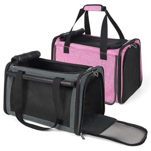 YUDODO 2 Packs 25 lbs Lightproof Soft Sided Cat Carrier for Large Cat & Small Dog Airline Approved Travel Puppy Carriers with Side Pockets & Reflective Mesh, Foldable Portable for Car Grey Green+Pink - color: Pink*1+Grey Green*1