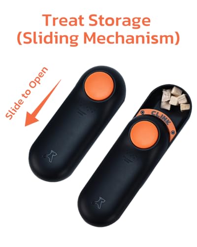 Clink Design 2-in-1 Puppy Essentials, Dog Training Clicker & Treat Carrier, Durable Food-Grade ABS, Treat Carrier with Desiccant Compartment, Compact & Lightweight Dog Stuff for Dogs - Black & Orange