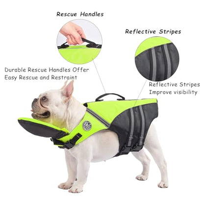 Dog Life Jacket, French Bulldog Life Vest for Swimming Boating, Dog Swim Vest with Chin Float and Rescue Handle, High Flotation Puppy Life Jackets (Chest Girth: 17" to 30", Weight: 17" to 28" LB) - color: Fluorescent green