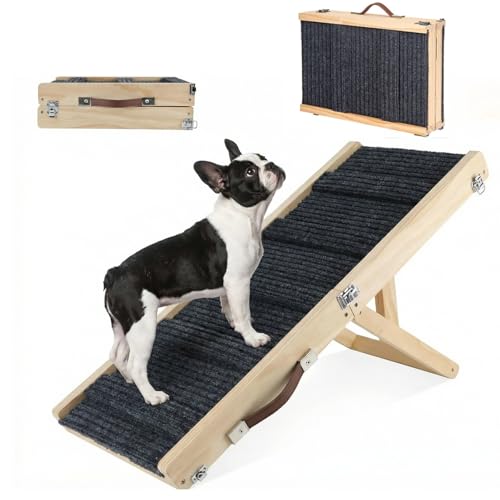 Valerith's Keep Dog Ramp for Couch & Bed for Small Dogs, Foldable Small Dog Ramps for Sofa - 31.5" LX12 W, 4 Adjustable Height, Portable, Stable, Non-Slip, Carry Handle, Wood Color, Solid Wood - size: 31.5inch-Wood Color