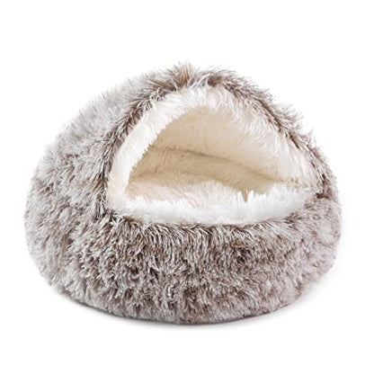 NOYAL Round Hooded Donut Dog Bed for Small & Medium Pets - Plush Fluffy Anti-Anxiety Cat Cave Bed with Cover - color: Gradual brown, size: Medium 23.6''
