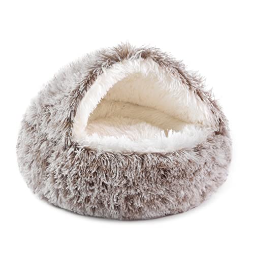 NOYAL Round Hooded Donut Dog Bed for Small & Medium Pets - Plush Fluffy Anti-Anxiety Cat Cave Bed with Cover - color: Gradual brown, size: Medium 23.6''