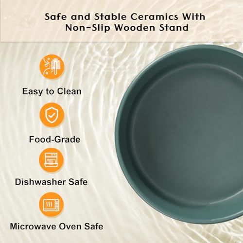 SPUNKYJUNKY Ceramic Elevated Dog Bowls 2 Pack - 5.1inch Raised Dog Bowls with Non-Slip Wooden Stand for Small Dogs Dishwasher Safe(Green,13.5OZ*2) - color: Green, size: Small - 1.7 CUPS*2