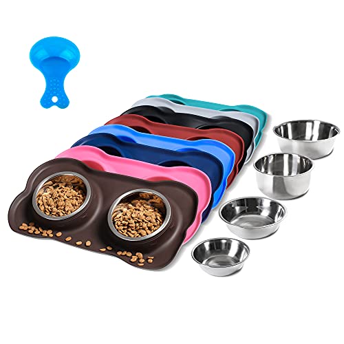 Hubulk Pet Dog Bowls 2 Stainless Steel Dog Bowl with No Spill Non-Skid Silicone Mat + Pet Food Scoop Water and Food Feeder Bowls for Feeding Small Medium Large Dogs Cats Puppies (Medium, Chocolate) - color: Chocolate, size: Medium
