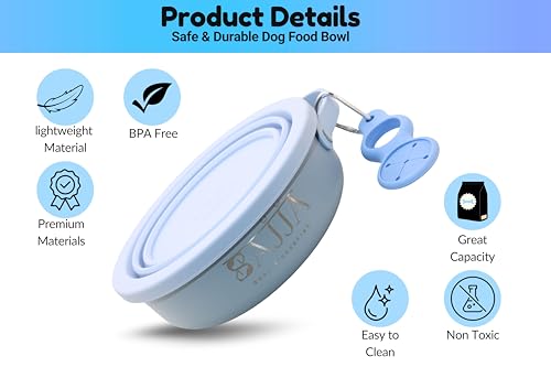 Blue Collapsible Travel Dog Bowl – BPA-Free Silicone & 18/8 Stainless Steel, Portable Non-Slip Food & Water Bowl with Handle, Bottle/Poop Bag Holder – Claim Your - color: Blue Bowl