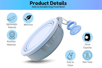 Blue Collapsible Travel Dog Bowl – BPA-Free Silicone & 18/8 Stainless Steel, Portable Non-Slip Food & Water Bowl with Handle, Bottle/Poop Bag Holder – Claim Your - color: Blue Bowl