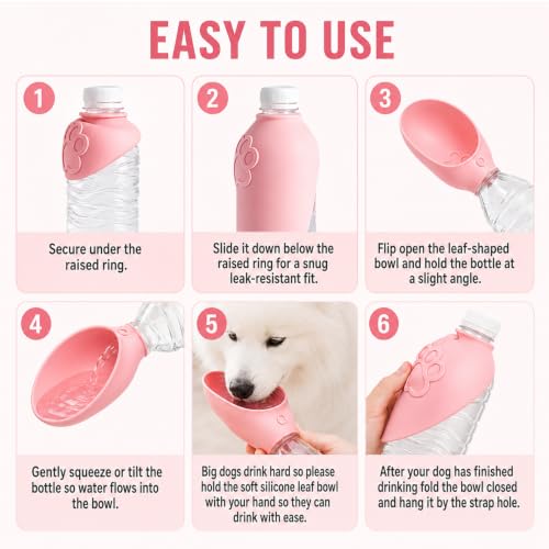 Portable Dog Water Bottle Attachment, Slip-On Pet Water Bowl for Walks | Silicone Dog Drink Dispenser, Fits Standard Water Bottles,Ideal for Dog Cat Walking Hiking Travel Foldable Leaf Design - color: Pink