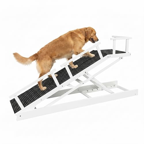 65" Foldable Dog Ramp for Bed, 6-Level Height Adjustable (13"-32.1") with Rest Platform, Carpet Surface Removable Washable Cover & Waterproof Backing, Safety Rails & Glow Strips, for Large Senior Dogs - color: Whtie - Carpet Style