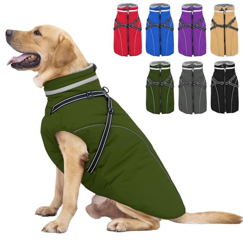 Fragralley Dog Coat with Harness Built in, Waterproof Windproof Reflective Warm Puffer Jacket, Fleece Lined Vest Winter Parka for Small, Medium, Large Dogs - color: Green, size: X-Small