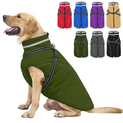 Fragralley Dog Coat with Harness Built in, Waterproof Windproof Reflective Warm Puffer Jacket, Fleece Lined Vest Winter Parka for Small, Medium, Large Dogs - color: Green, size: Small