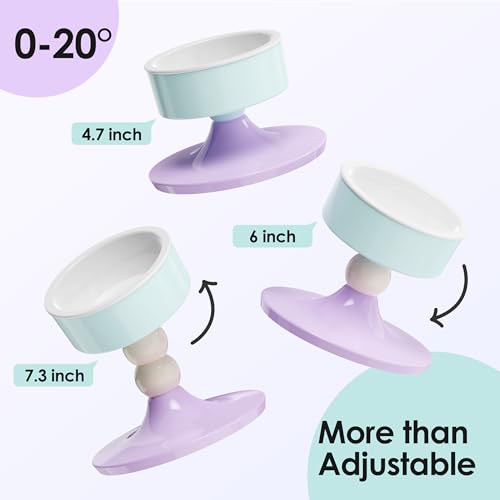 Ceramic Elevated Raised Cat Bowls,3 Heights Adjustable Raised Dog Bowl Stand for Indoor Cats and Small Dogs,15° Tilted Cat Food Feeding Dishes，Adjusts to 4.69", 5.98", 7.28" (Pink & White) - color: Lavender & Mint