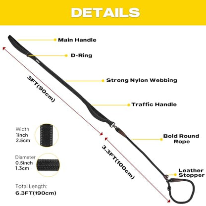 Fida 2-in-1 Slip Leads for Dogs with Double Handles, Tangle Free Leash for Large Dogs that Pull, Heavy Duty No Pull Training Leash Reflective Soft Padded for Large & Medium Breed(6ft,Black) - color: Black