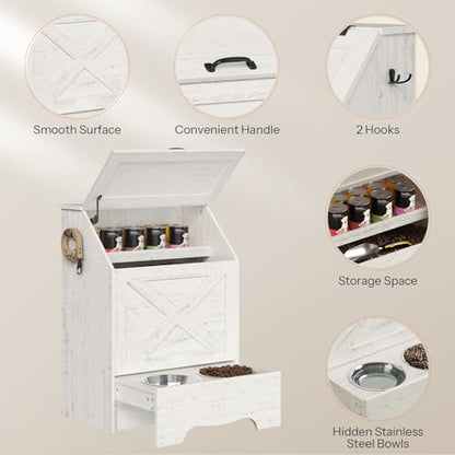 HOOBRO Dog Feeding Station with Sliding Drawer and 2 Hidden Bowls, Pet Feeding Station with Flip-Up Door, Dog Food Storage Cabinet with 2 Hooks for Living Room and Bedroom, Cloud White WT03PO03