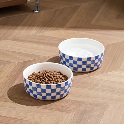 6.4 inch Ceramic Hand Painted Basic Dog Bowl Set of 2 with Anti-Skid Rubber Base, Food and Water Bowls for Small Pets,Blue - color: Blue