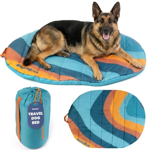 Travel Dog Bed (48" x 36") - Foldable & Packable for Travel, Road Trip, Camping – Lightweight, Water Resistant & Cozy with Soft Padding – Compact, Portable & Machine Washable – Large Breeds: Teal - color: Sunset Surf, size: X-Large