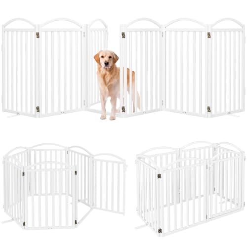 Malier Metal Freestanding Dog Gates with Door, 32'' Height Outdoor Indoor Dog Fences, Extra Wide Foldable Puppy Gate for Stairs (White, 【6 Panels with Door】 120''W × 32''H) - color: White, size: 【6 Panels with Door】120''W × 32''H