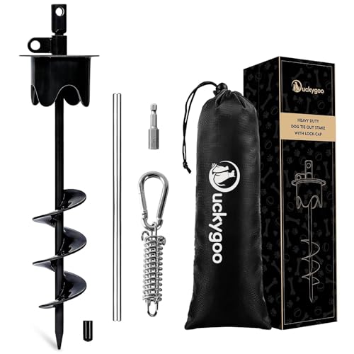 Dog Tie Out Stake with Lock-Cap, Heavy Duty Dog Stake for Outside with Shock Spring, Prevents Pulling Out Rust Proof Ground Anchor for Small Medium Large Dogs up to 350 LBS, Black - color: Black, size: 17IN (ONLY STAKE)