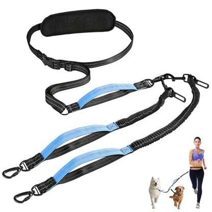 Hands Free Dog Leash, Waist Leash for Dog Walking 2 Dogs, Double Hands Free Lead with Detachable Waist Pad, Padded Handles, Shock Absorbing Bungee for Walking Jogging Hiking, Blue&Black